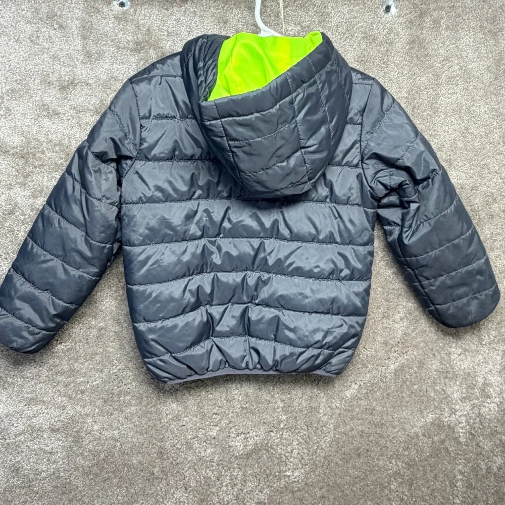 Nike Kids Puffer Jacket Grey Neon Yellow Hooded Full Zip Size 4 XS 3-4 Years